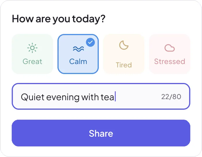 Check-in card: How are you today? Calm selected, with the note Quiet evening with tea